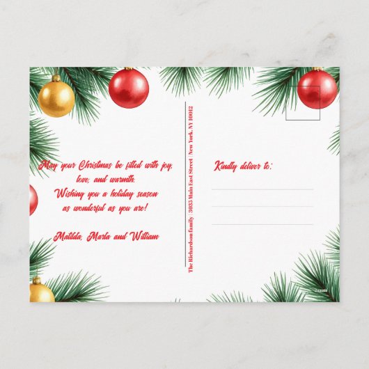 Feestelijke Pine Branches en Ballen Foto Kerstmis Feestdagenkaart (Achterkant)