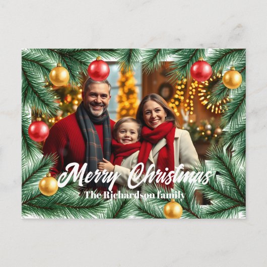 Feestelijke Pine Branches en Ballen Foto Kerstmis Feestdagenkaart (Voorkant)