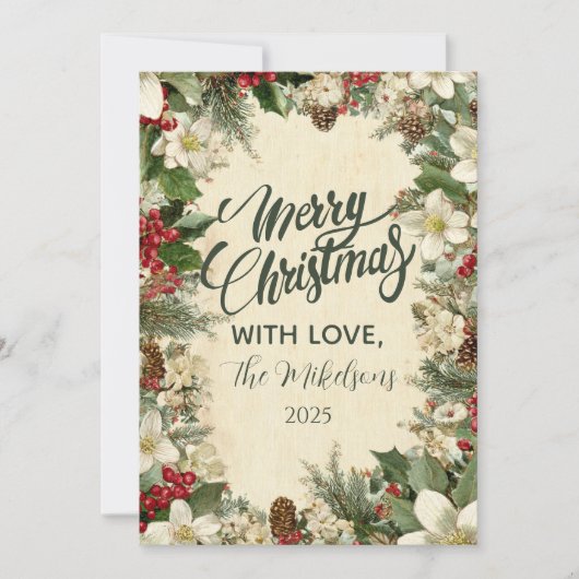 Feestelijke Pinecone en Holly Christmas Feestdagenkaart (Voorkant)