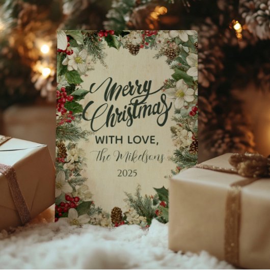 Feestelijke Pinecone en Holly Christmas Feestdagenkaart