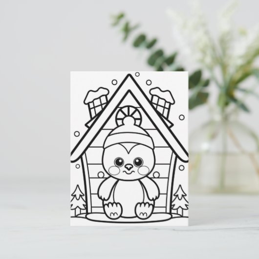 Feestelijke pinguïn kinder kleur briefkaart (Staand voorkant)