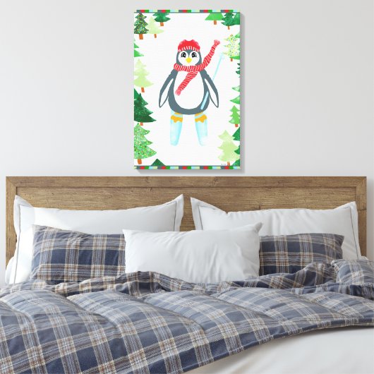 Feestelijke pinguïn skiën kerstboom ontwerp canvas afdruk (Insitu (Slaapkamer))