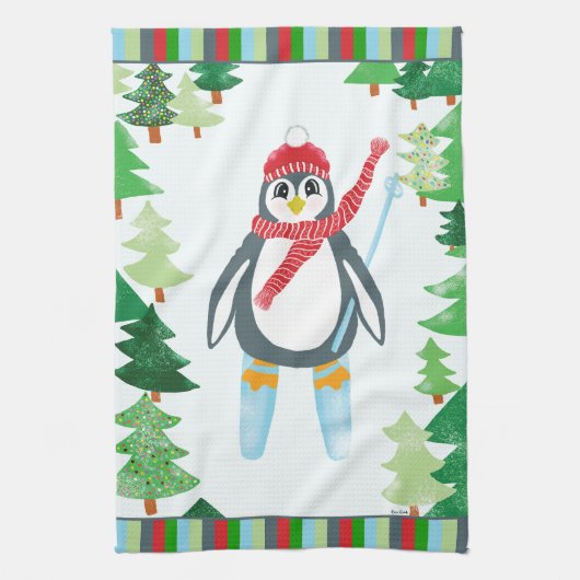 Feestelijke Pinguïn Skiing Kerstontwerp Theedoek (Verticaal)