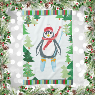 Feestelijke Pinguïn Skiing Kerstontwerp Theedoek