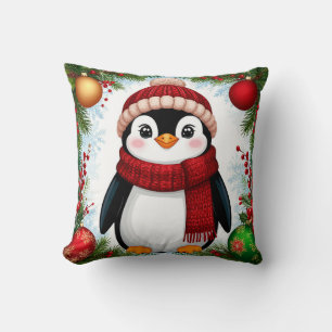 Feestelijke pinguïn versierd met kerstornamenten kussen