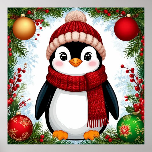 Feestelijke pinguïn versierd met kerstornamenten poster (Voorkant)