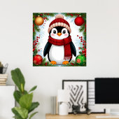 Feestelijke pinguïn versierd met kerstornamenten poster (Thuiskantoor)