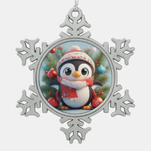 Feestelijke pinguïn versierd met kerstornamenten tin sneeuwvlok ornament
