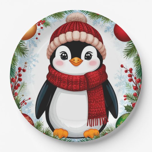 Feestelijke pinguïn versierd met vakantie Ornament Papieren Bordje (Voorkant)