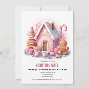 Feestelijke Pink Gingerbread House Christmas Party Feestdagenkaart