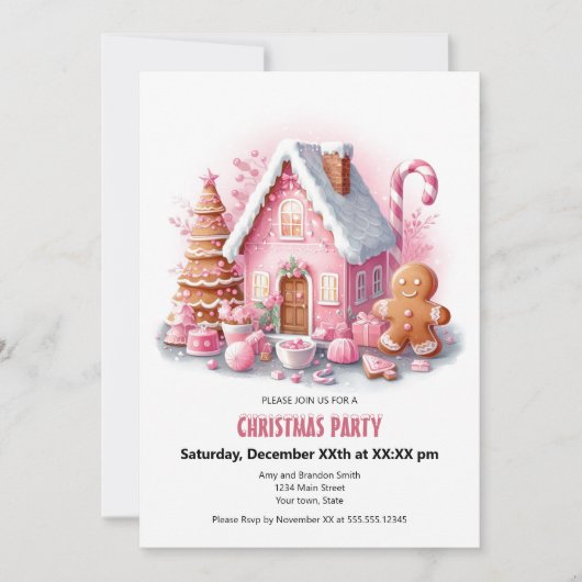 Feestelijke Pink Gingerbread House Christmas Party Feestdagenkaart (Voorkant)