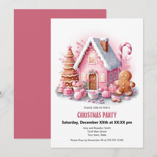 Feestelijke Pink Gingerbread House Christmas Party Feestdagenkaart (Voorkant / Achterkant)