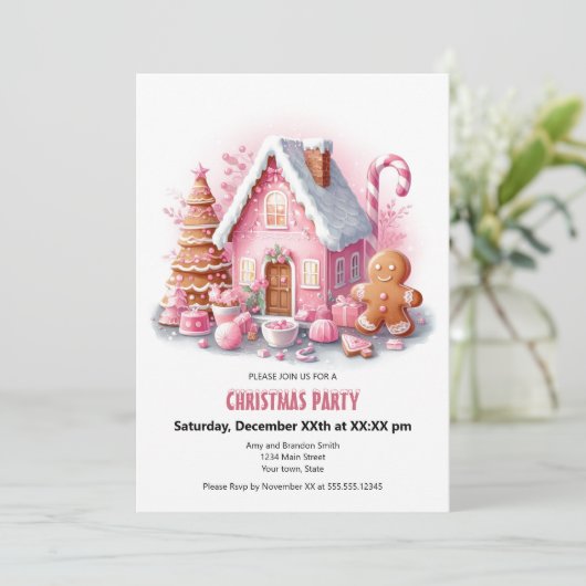 Feestelijke Pink Gingerbread House Christmas Party Feestdagenkaart (Staand voorkant)