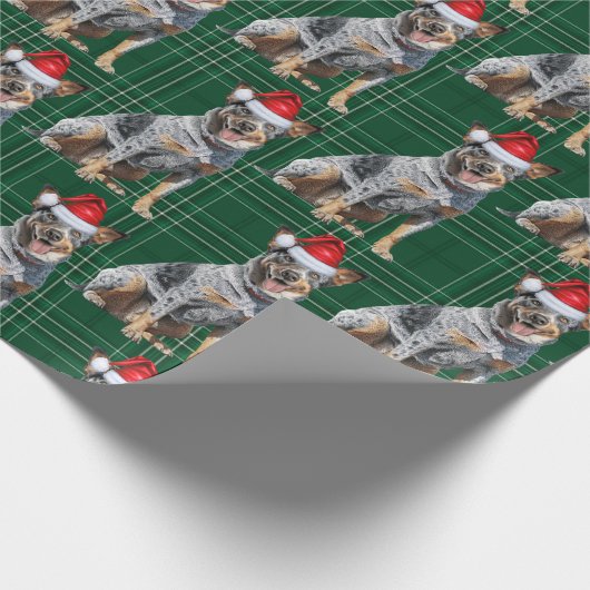Feestelijke Plaid Blue Heeler Santa Dog Kerstmis Cadeaupapier (Hoek)