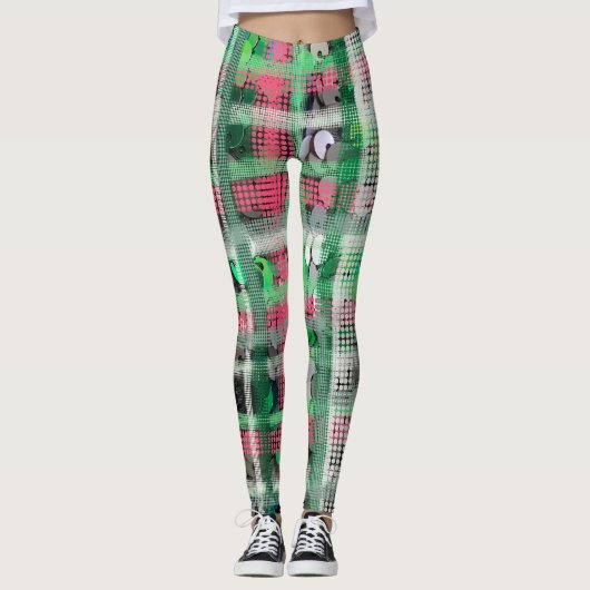 Feestelijke plaid groen rood wit grijs crème glitt leggings (Voorkant)