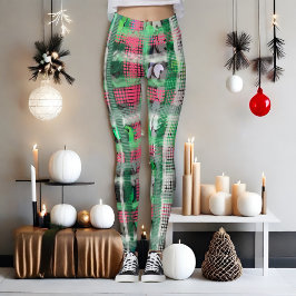 Feestelijke plaid groen rood wit grijs crème glitt leggings
