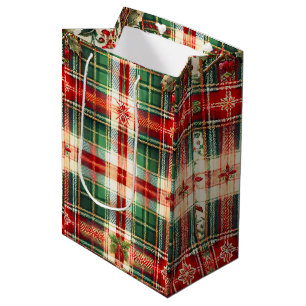 Feestelijke Plaid Kerstcadeau Tas met Sneeuwvlokke Medium Cadeauzakje