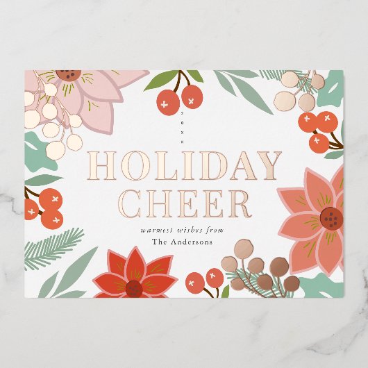 Feestelijke Poinsettia Berry Cream Christmas Folie Feestdagenkaart (Voorkant)