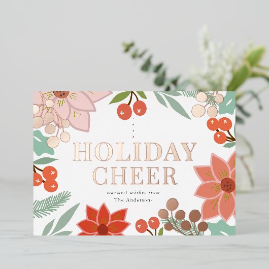 Feestelijke Poinsettia Berry Cream Christmas Folie Feestdagenkaart (Staand Voorkant)