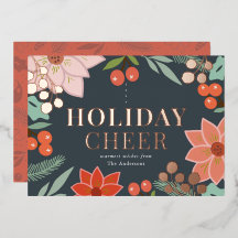Feestelijke Poinsettia Bes Navy Folie Kerstkaart