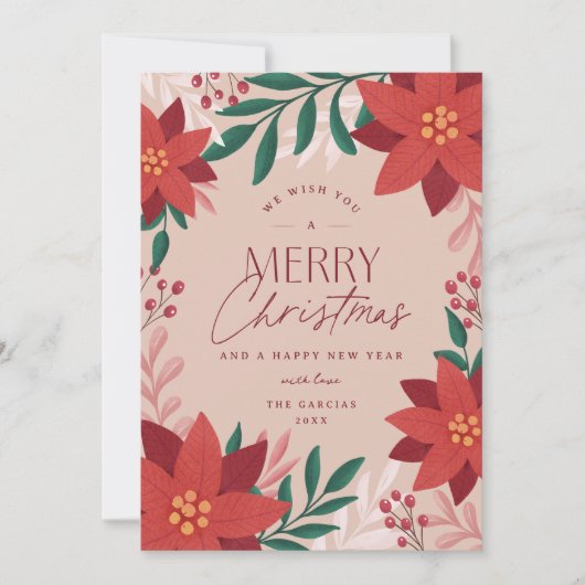 Feestelijke Poinsettia Bloemen Kerstmis Feestdagenkaart (Voorkant)