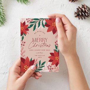 Feestelijke Poinsettia Bloemen Kerstmis Feestdagenkaart