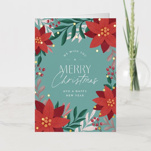 Feestelijke Poinsettia Bloemen Kerstmis Folie Feestdagenkaart (Voorkant)