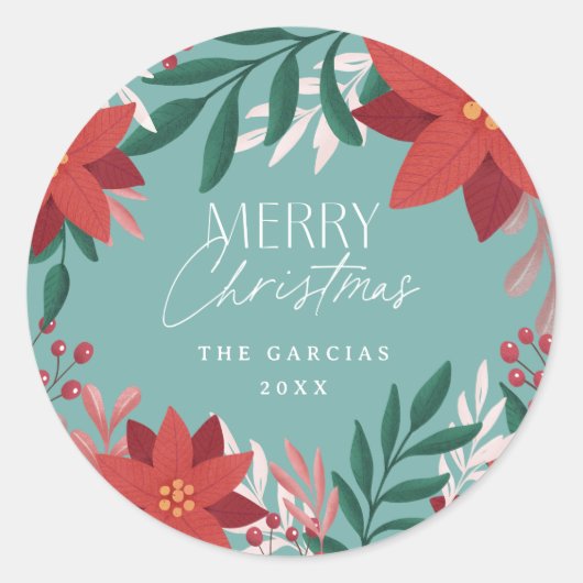 Feestelijke Poinsettia Bloemen Kerstmis Ronde Sticker (Voorkant)