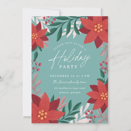 Feestelijke Poinsettia Bloemen Vakantie Party Kaart (Voorkant)