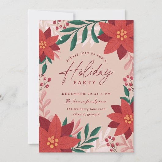 Feestelijke Poinsettia Bloemen Vakantie Party Kaart (Voorkant)