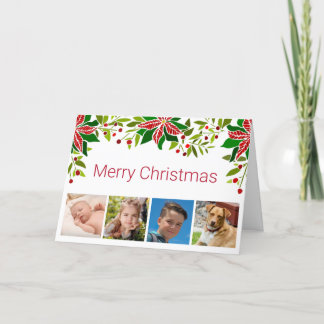 Feestelijke Poinsettia en Holly Four Foto Feestdagen Kaart