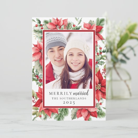 Feestelijke Poinsettia Floral vrolijk getrouwd Win Feestdagenkaart (Staand voorkant)