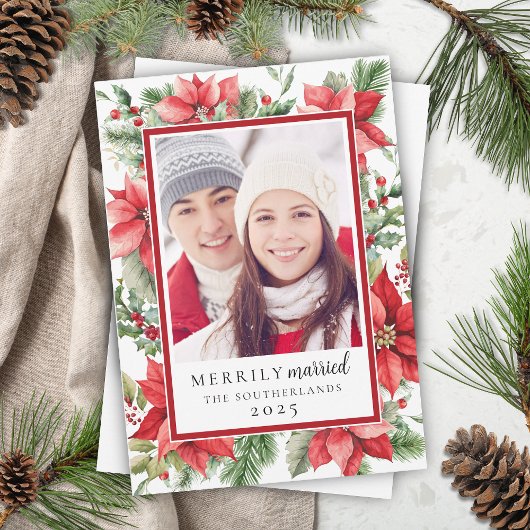 Feestelijke Poinsettia Floral vrolijk getrouwd Win Feestdagenkaart