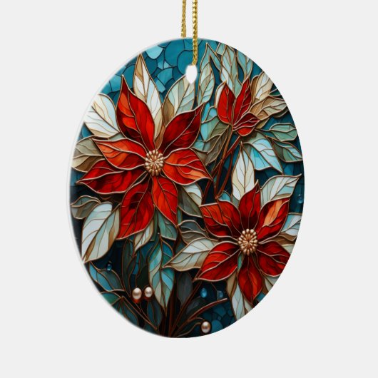 Feestelijke Poinsettia Glas in lood Kerst Keramisch Ornament (Rechts)