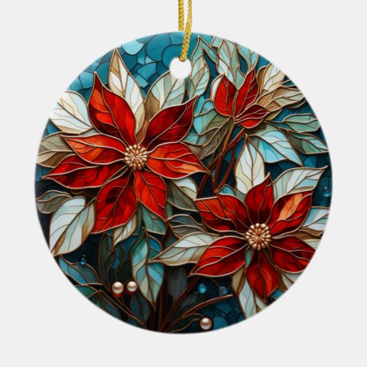 Feestelijke Poinsettia Glas in lood Kerst Keramisch Ornament (Voorkant)