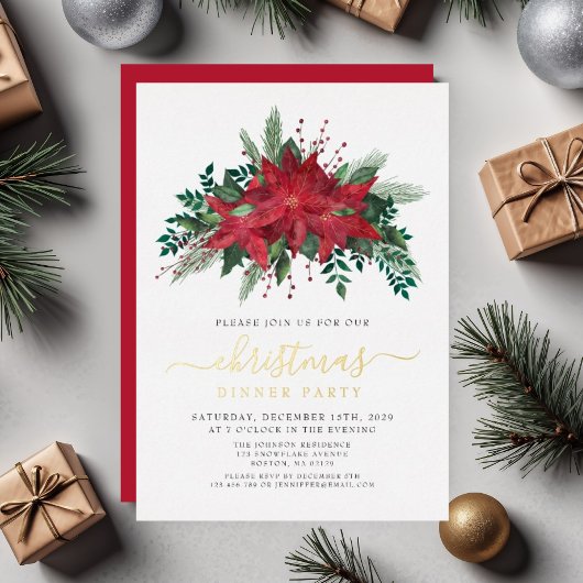 Feestelijke Poinsettia Kerstdiner Party Gold Folie Uitnodiging