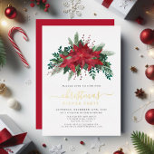 Feestelijke Poinsettia Kerstdiner Party Gold Folie Uitnodiging