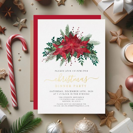 Feestelijke Poinsettia Kerstdiner Party Gold Folie Uitnodiging