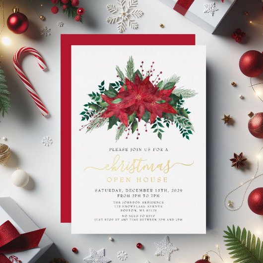 Feestelijke Poinsettia Kerstmis Open Huis Goud Folie Uitnodiging