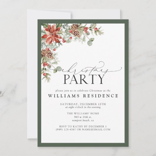 Feestelijke Poinsettia Pine Waterverf Kerstfeest Aankondiging (Voorkant)