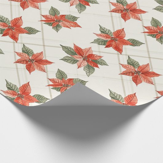 Feestelijke Poinsettia & Plaid Kerstmis Cadeaupapier (Hoek)