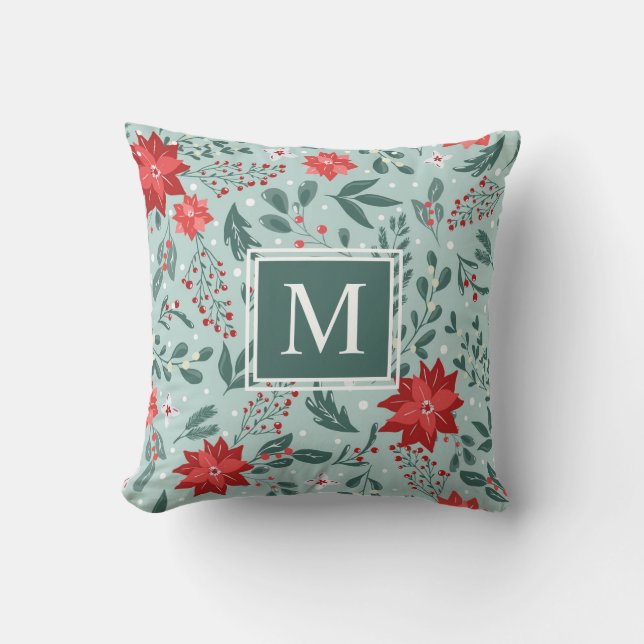 Feestelijke Poinsettias en Holly Berries Monogram Kussen (Voorkant)