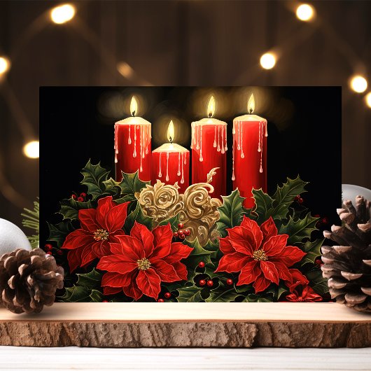 Feestelijke Poinsettias en Kaarsen Kerstmis Feestdagen Kaart