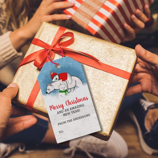 Feestelijke Polar Beer Mam Met Cubs Vrolijk Kerstf Cadeaulabel