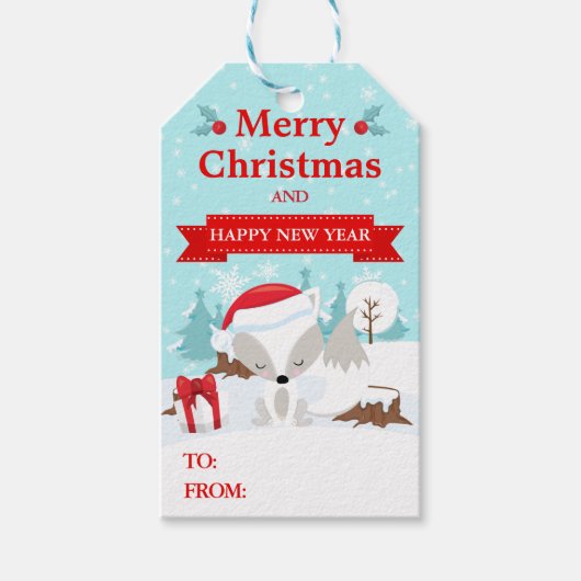 Feestelijke poolvos in kerstmuts Kerstmis Cadeaulabel (Voorkant)
