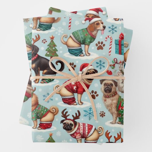 Feestelijke Pooping Dogs in Holiday Sweaters Inpakpapier Vel (In situ)