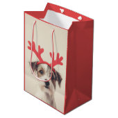 Feestelijke pup met rendiergewei medium cadeauzakje (Voorkant Gekanteld)