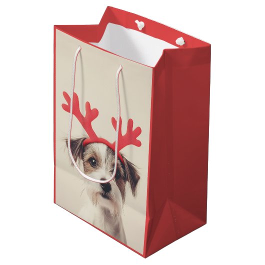 Feestelijke pup met rendiergewei medium cadeauzakje (Voorkant Gekanteld)