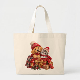 Feestelijke Puppy en Kitten Winter Wonderland Grote Tote Bag