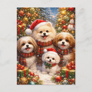 Feestelijke puppy in een besneeuwde tuin briefkaart
